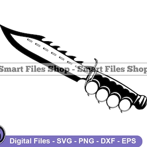 May include: Black and white illustration of a knife with a serrated blade and a brass knuckle handle.