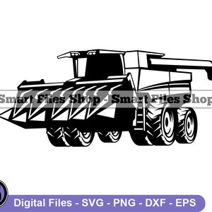 May include: Black and white silhouette of a combine harvester, a large agricultural machine used for harvesting crops. The combine has a large header, a grain tank, and a set of wheels.