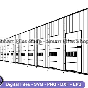 Könnte beinhalten: Schwarz-weiß-Zeichnung eines Lagergebäudes mit mehreren Garagentoren. Der Text "Smart Files Shop" ist auf dem Gebäude sichtbar.