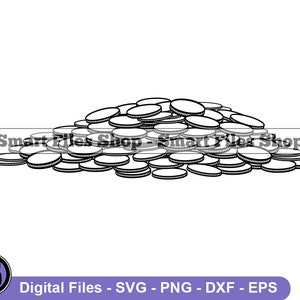 Puede incluir: Ilustración en blanco y negro de una pila de monedas. Las monedas son redondas con un borde detallado. La imagen incluye el texto "Smart Files Shop" y "Digital Files - SVG - PNG - DXF - EPS".