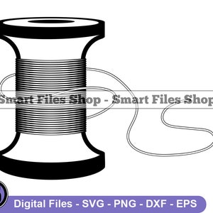 Puede incluir: Un dibujo en blanco y negro de una bobina de hilo con un largo trozo de hilo que se extiende desde ella.