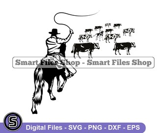Cowboy And Herd Of Cattle #3 Svg, Cow Svg, Cattle Svg, Heifer Svg, Rancher Svg, Cattle Dxf, Cattle Png, Cattle Clipart, Cattle Files, Eps