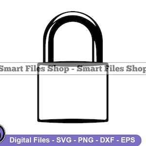 May include: Black and white silhouette of a padlock with a rounded top and a square body.