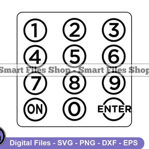 May include: Black and white graphic of a number keypad with the numbers 1 through 9, the letters ON, and the word ENTER.