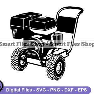 May include: Black and white silhouette of a pressure washer with a handle, wheels, and a large engine.