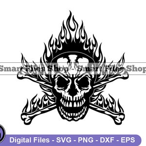 May include: Black and white silhouette of a skull with flames and crossed bones. The skull has a fierce expression with a wide open mouth and sharp teeth.