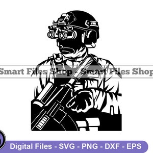 Puede incluir: Ilustración en blanco y negro de un soldado con casco y gafas de visión nocturna, sosteniendo un rifle.