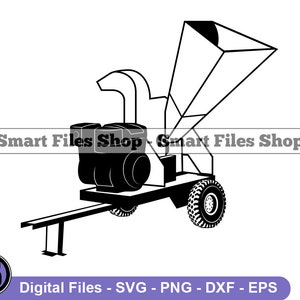 May include: Black and white illustration of a wood chipper. The chipper has a large hopper, engine, and wheels. The text "Smart Files Shop" is displayed twice. The bottom of the image reads "Digital Files - SVG - PNG - DXF - EPS".