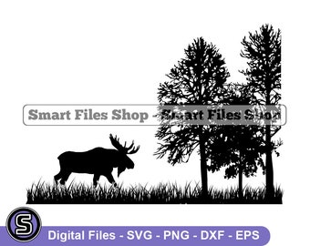 Moose Forest Silhouette Svg, Moose Svg, Hunting Svg, Moose Dxf, Moose Png, Moose Clipart, Moose Files, Moose Eps