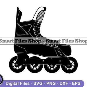 May include: Black and white silhouette of a roller skate with five wheels. The skate has a high top boot with laces and a strap.