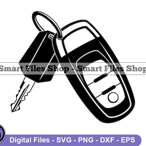May include: Black and white silhouette of a car key with a key fob. The key fob has three buttons and a small circle in the center.