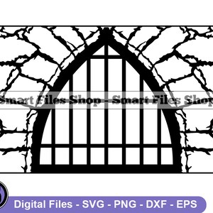 Puede incluir: Ilustración vectorial en blanco y negro de un arco de piedra con una puerta de hierro forjado. La puerta tiene barras verticales y una parte superior redondeada.