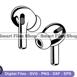May include: A black and white line drawing of a pair of wireless earbuds. The earbuds are shown in profile, with the charging case visible.