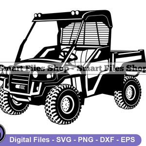 May include: Black and white silhouette of a utility vehicle with a roll cage, a bed in the back, and four large wheels.