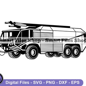May include: Black and white line art illustration of a fire truck with a large water tank and a long hose. The truck has four large wheels and a smaller wheel in the back. The truck is facing the right side of the image.