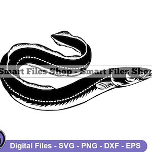 Op de afbeelding: Zwart-witte silhouet van een paling, een soort vis, met een lang, slank lichaam en een puntige kop. De paling is in een C-vorm gekruld.