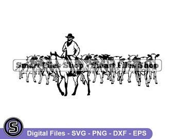 Cowboy And Herd Of Cattle Svg, Cow Svg, Cattle Svg, Heifer Svg, Rancher Svg, Cattle Dxf, Cattle Png, Cattle Clipart, Cattle Files, Eps