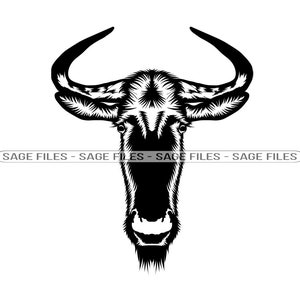 Może przedstawiać: Czarno-biała ilustracja głowy gnu z dużymi rogami.