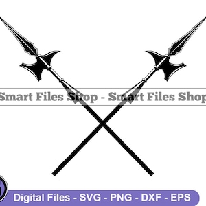 May include: Two black crossed spears with a decorative design at the top of each spear. The spears are crossed in the center of the image. The text "Smart Files Shop" is at the bottom of the image.