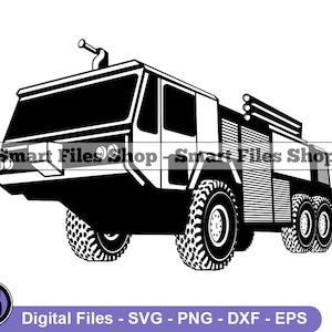 May include: Black and white silhouette of a fire truck with a ladder and a hose. The truck has large tires and a detailed design.