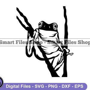 May include: A monochrome illustration of a frog clinging to a branch. The frog is depicted in a forward-facing pose. The image features the text "Smart Files Shop - Smart Files Shop" and "Digital Files - SVG - PNG - DXF - EPS".