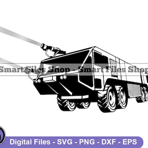May include: Black and white illustration of a fire truck with a water cannon. The truck has large tires and a boxy design. The image includes the text "Smart Files Shop - Smart Files Shop" and "Digital Files - SVG - PNG - DXF - EPS".