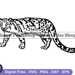 May include: Black and white silhouette of a snow leopard walking with its tail curled up. The snow leopard is a large cat native to the mountains of Central Asia.