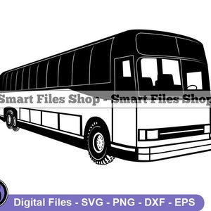 May include: Black and white silhouette of a large bus with a single door on the left side. The bus has a large windshield and a flat front.