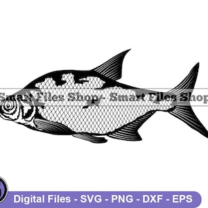 Puede incluir: Silueta en blanco y negro de un pez con escamas. El pez está mirando hacia la izquierda y tiene un ojo grande y redondo.