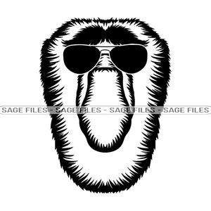 May include: Black and white illustration of a monkey wearing sunglasses. The monkey has a long, pointed nose and a thick coat of fur.