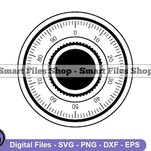 May include: Black and white illustration of a combination lock dial with numbers from 0 to 90. The dial has a circular design with a smaller circle in the centre.