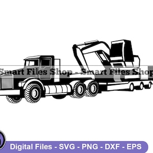 Lowboy Truck Hauling an Excavator #2 Svg, Lowboy Trailer Svg, Truck Svg, Trucker Svg, Truck Dxf, Truck Png, Truck Clipart, Files, Eps