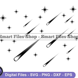 May include: Black and white digital design featuring shooting stars with a text overlay that reads "Smart Files Shop - Smart Files Shop" and "Digital Files - SVG - PNG - DXF - EPS".