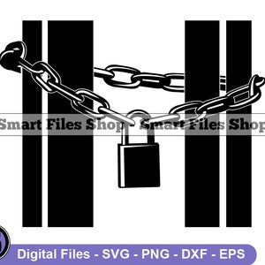 May include: Black and white silhouette of two vertical bars connected by a chain and padlock. The chain is wrapped around the bars and the padlock is in the center of the image.