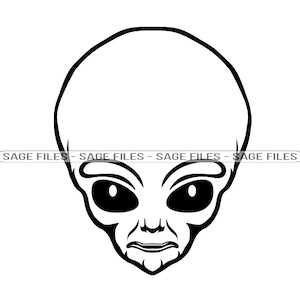 May include: Black and white line art illustration of an alien's face with large eyes and a serious expression.