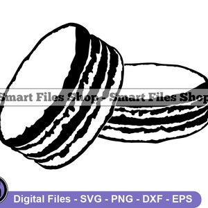 May include: Black and white illustration of two macarons. The image includes the text "Smart Files Shop" and "Digital Files - SVG - PNG - DXF - EPS". The macarons are round with a textured appearance.