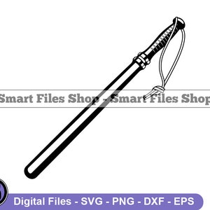 May include: Black and white illustration of a baton with a handle and a wrist strap. The text "Smart Files Shop" is displayed across the image. The bottom of the image includes the text "Digital Files - SVG - PNG - DXF - EPS".