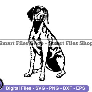 May include: Black and white silhouette of a German Shorthaired Pointer dog sitting with its head turned to the side.