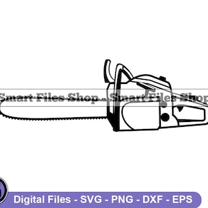 May include: Black and white line art illustration of a chainsaw with a long blade and a handle.