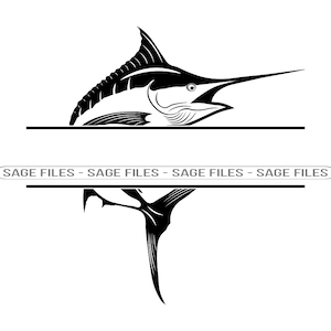 May include: Black and white silhouette of a marlin fish with its head facing the left side of the image. The fish is split in half horizontally with the text "SAGE FILES" repeated four times in a banner below the fish.