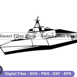 Puede incluir: Silueta en blanco y negro de un barco militar con una proa puntiaguda y una superestructura rectangular alta. El barco está orientado hacia la derecha.