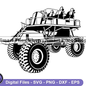 May include: Black and white illustration of a safari vehicle with large, rugged tires. The vehicle has a raised platform with seating and a ladder. The image includes the text "Smart Files Shop" and "Digital Files - SVG - PNG - DXF - EPS".