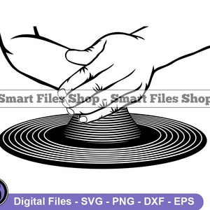 May include: Black and white line art illustration of a hand shaping clay on a pottery wheel. The hand is shown in detail, with the fingers pressing into the clay. The pottery wheel is represented by a series of concentric circles.