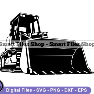 Puede incluir: Ilustración en blanco y negro de una excavadora. La imagen presenta una cargadora frontal con una gran cuchilla, orugas y una cabina. El texto "Smart Files Shop - Smart Files Shop" se muestra en la imagen. La parte inferior de la imagen incluye el texto "Digital Files - SVG - PNG - DXF - EPS".