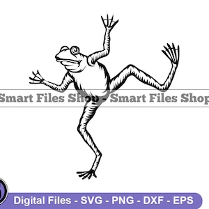 May include: Black and white line art illustration of a frog with its legs outstretched, as if it is dancing.