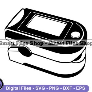 以下が含まれることがあります： 指先パルスオキシメーターの白黒イラスト。血中酸素飽和度と心拍数を測定するために使用される医療機器です。