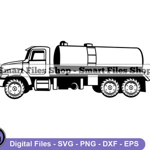 May include: Black and white silhouette of a septic truck. The truck has a large tank on the back and four wheels.
