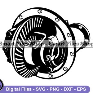 以下が含まれることがあります： 車のデファレンシャルギアの白黒イラスト。ギアは断面図で示されており、内部の部品が明らかになっています。イラストは詳細で現実的です。