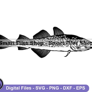 May include: Black and white silhouette of a codfish with a detailed design. The fish is facing right and has a slightly open mouth.