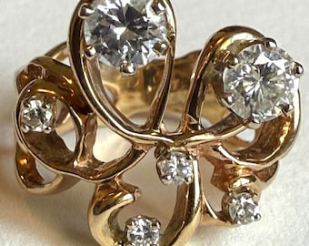 Vintage 14K Yellow Gold Diamond Freeform Cluster Ring, Sculptural Statement Ring, Size 4.5, 6g